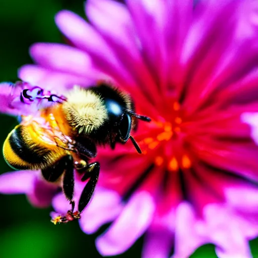 Image similar to a bee landing on a flower in a forest on fire, there is fire everywhere, macro photography, ambient light