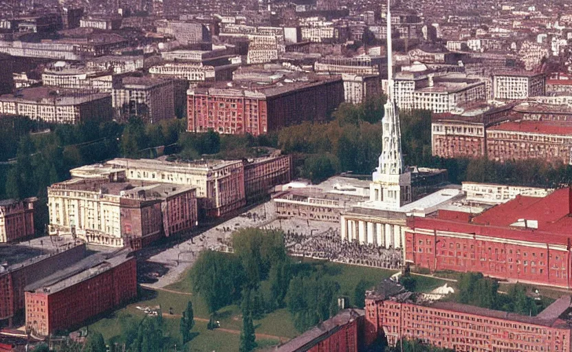 Prompt: high quality 2000s historic footage of soviet square with one lenin statue with stanilist style giant walls , color aerial photo drone, Cinestill 800t, heavy grainy picture, very detailed, high quality, 4k panoramic