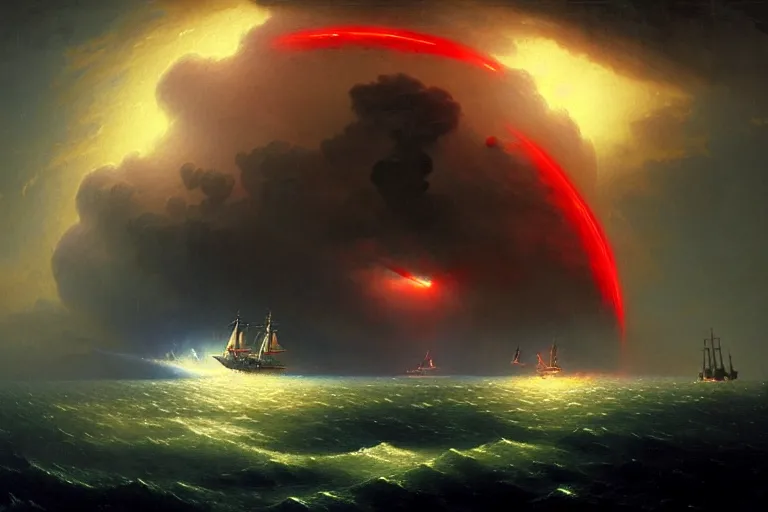 Image similar to A beautiful matte painting of huge spherical alien spaceship attacking with powerful red lasers a Sailship in ocean in thunderstorm by Greg Rutkowski and Ivan aivazovsky