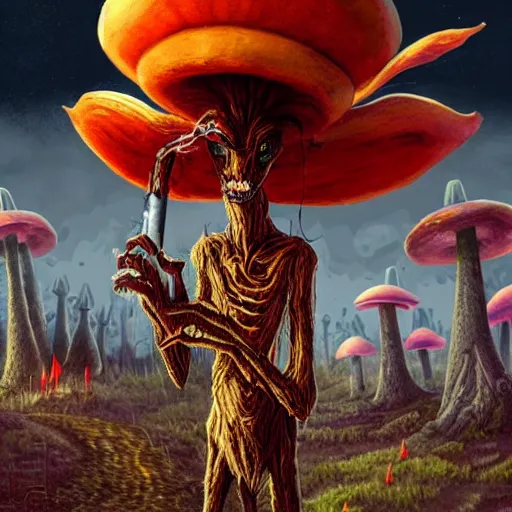 Image similar to 4 k headshot portrait of a psychedelic demonic anthropomorphic wendigo smoking a hand - rolled cigarette smoking heavily, magic mushroom village in background. award winning. superb resolution. in the art style of junji ito and greg rutkowski. detailed mushroom city in background. hyper realistic anime. perfect art. dalle 2