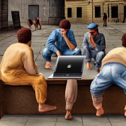 Prompt: a group of realistic bums using laptops near on street, highly detailed, intricate, sharp focus, digital art, 8 k