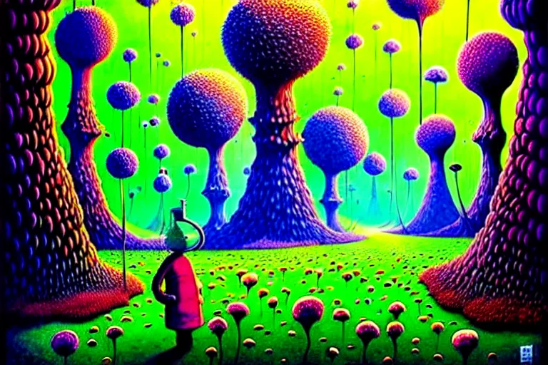 Prompt: surreal glimpse into another dimension, weird living things, very coherent and colorful high contrast, art by!!!! gediminas pranckevicius!!!!, geof darrow, floralpunk screen printing woodblock, dark shadows, hard lighting, stipple brush technique,