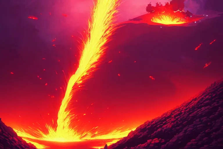 Image similar to lava, volcano eruption, cherry blossoms, unreal engine, fantasy art by greg rutkowski, loish, rhads, ferdinand knab, makoto shinkai and lois van baarle, ilya kuvshinov, rossdraws, tom bagshaw, global illumination, radiant light, detailed and intricate environment