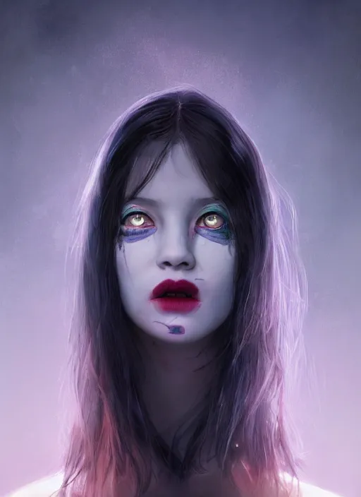 Image similar to portrait of sinister girl with pouty aerochrome lips, langolier, unforgivable, cute bandaid on nose!!, expressive eyes, full body, deathly skin, greg rutkowski, charlie bowater, yuumei, stephen gammell, unreal 5, daz, hyperrealistic, octane render, rpg portrait, dynamic lighting, fantasy art, beautiful face