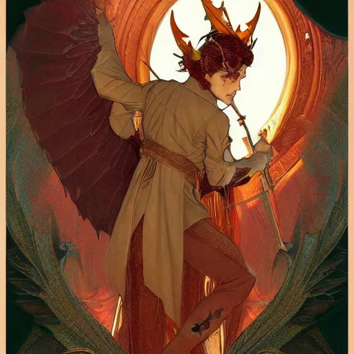 Image similar to Lucifer Morningstar as an Elf, highly detailed, digital painting, artstation, concept art, smooth, sharp focus, illustration, ArtStation, art by artgerm and greg rutkowski and alphonse mucha and J. C. Leyendecker and Edmund Blair Leighton and Katsuhiro Otomo and Geof Darrow and Phil hale and Ashley wood and Ilya repin and Charlie Bowater