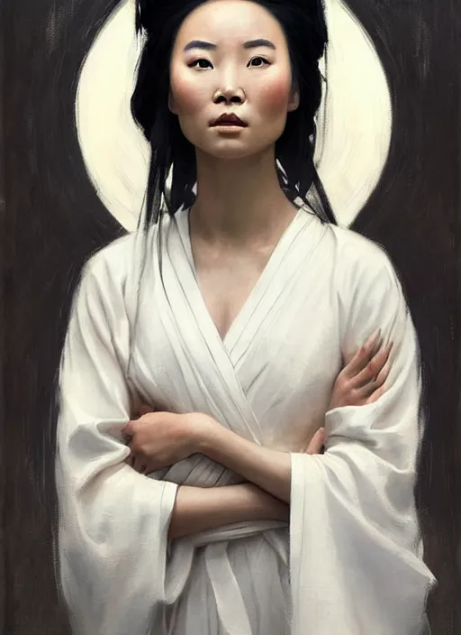 Image similar to portrait of Mulan in white cloth, countryside, fantasy character portrait, dynamic pose, above view, view from above, sunny day, thunder clouds in the sky, artwork by Jeremy Lipkin and Giuseppe Dangelico Pino and Michael Garmash and Rob Rey, very coherent symmetrical artwork, perfect face, simple form, 100mm