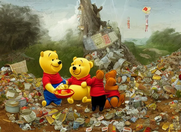 Prompt: portrait of Xi Jinping wearing a Winnie the Pooh onesie in a trashy Chinese dirt poor landfill, hungry, beta weak male, digital painting, concept art, smooth, sharp focus, illustration, from Slumdog Millionaire, by Hieronymus Bosch and Peter Mohrbacher