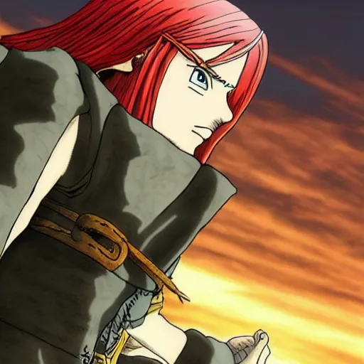 Image similar to sky-pirate with long red hair in front of a sky-ship, vinland saga, anime style