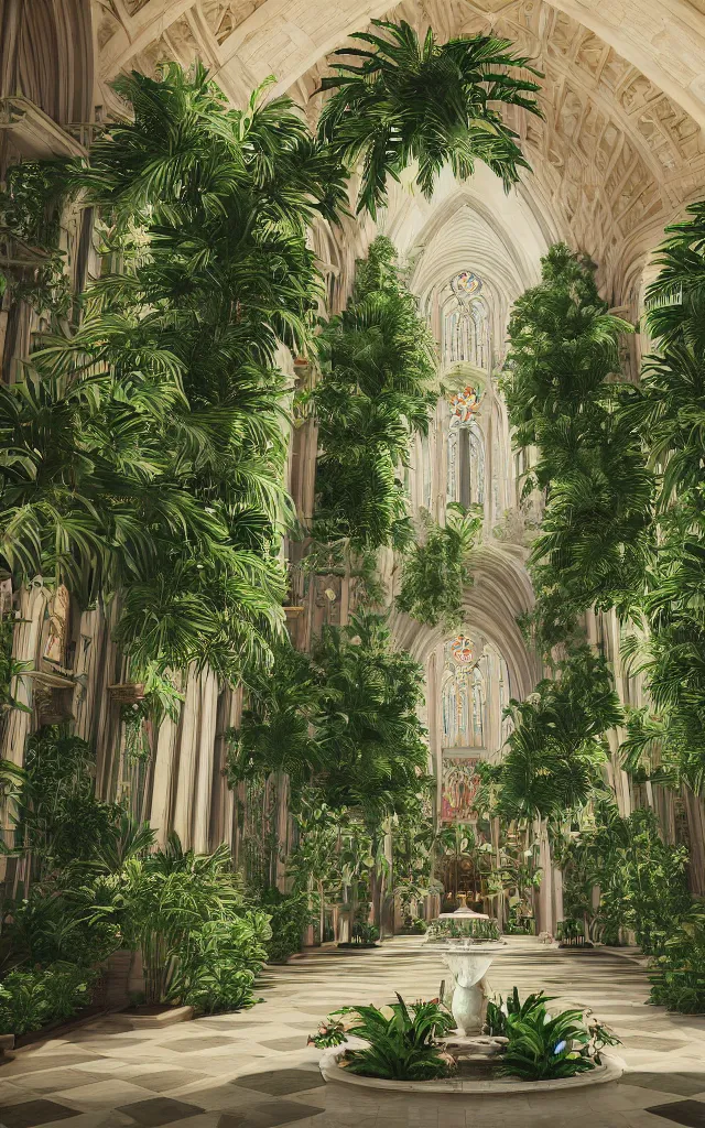 Image similar to grand cathedral interior with koi pond in the middle surrounded by palm trees, ivy, flowers, tropical plants, roses, and with archways, rendered in octane render with photorealistic lighting, cinematic, horizontal symmetry