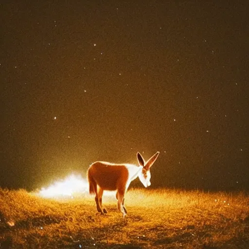 Image similar to “fireworks in the night sky raining down embers and sparks and brightly burning pieces falling from the sky, a pale donkey stands in a field in the darkness. Photography. Flash photo. Cursed image.”