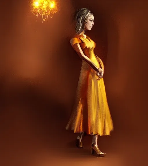 Prompt: a woman wearing a golden dress and a red shirt, concept art, hd, stunning, tran ross