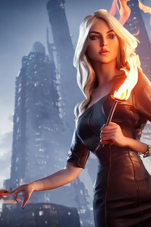 Prompt: gorgeous blonde woman with fire in her hand, futurist city, realistic, high definition, many details, art of unreal engine 5