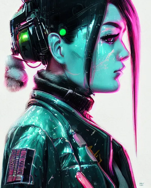 Image similar to detailed side profile portrait Neon Operator Girl, cyberpunk futuristic neon, reflective puffy coat, decorated with traditional Japanese ornaments by Ismail inceoglu dragan bibin hans thoma greg rutkowski Alexandros Pyromallis Nekro Rene Maritte Illustrated, Perfect face, fine details, realistic shaded, fine-face, pretty face