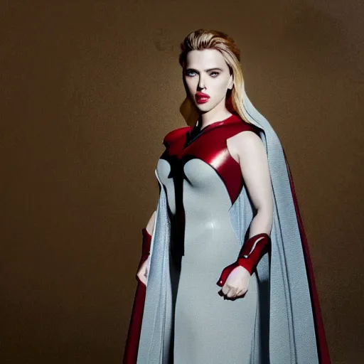 Image similar to scarlett johansson's batman, full pose, with cape, cape, cape, full length body shot, in a serene foreground, in a serene background