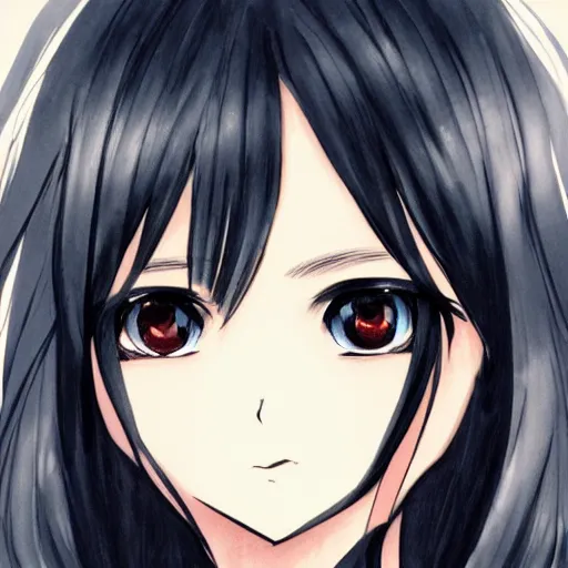 Image similar to full headshot portrait of a girl with long black hair, drawn by ATDAN, by Avetetsuya Studios, attractive character, colored sketch anime manga panel, trending on Pixiv