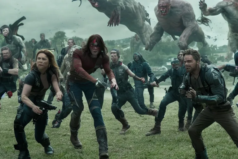 Prompt: film still of Bucky Barnes fighting zombies in new avengers movie, 4k