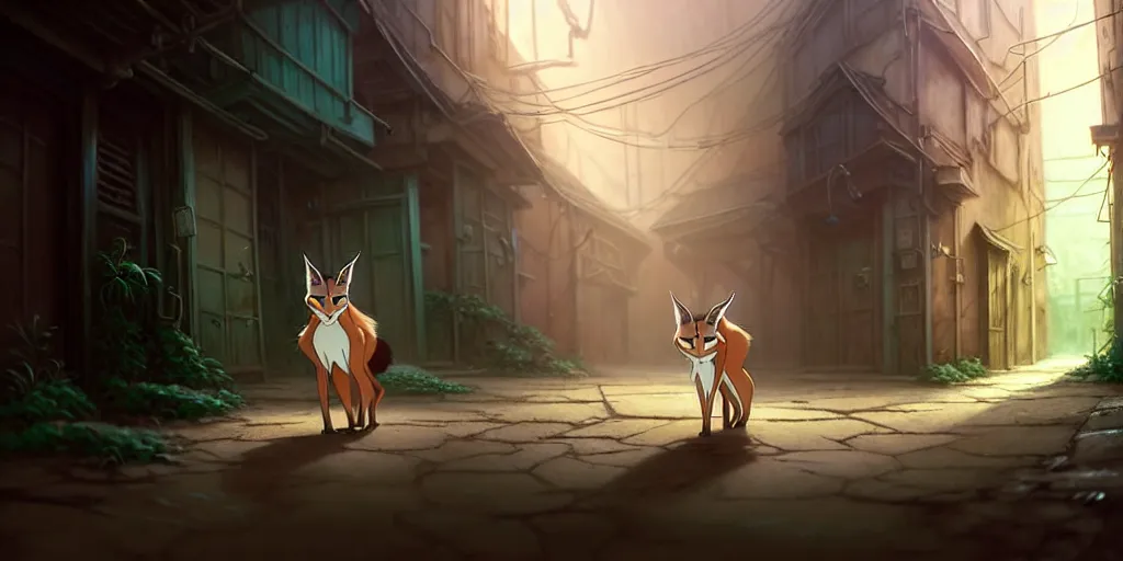 Prompt: a wholesome animation key shot of a focused cute caracal in an abandoned alleyway, medium shot, waist up, studio Ghibli, Pixar and Disney animation, sharp, very detailed, high resolution, Rendered in Unreal Engine 5, anime key art by Greg Rutkowski, Bloom, dramatic lighting