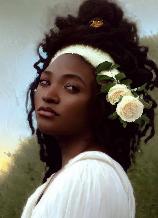 Prompt: oil painting close up portrait of a contemplative young black woman with long flowing hair in a white dress, wearing a crown of white roses!! at sunset, hazy, digital art, chiaroscuro, artstation, cinematic, golden hour, digital art painting by greg rutkowski, william - adolphe bouguereau, hazy atmosphere, cinematic lighting, flowers