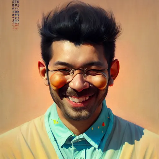 Image similar to portrait painting of smiling man, medium shot, asymmetrical, profile picture, organic painting, sunny day, matte painting, bold shapes, hard edges, street art, trending on artstation, by huang guangjian and gil elvgren and sachin teng