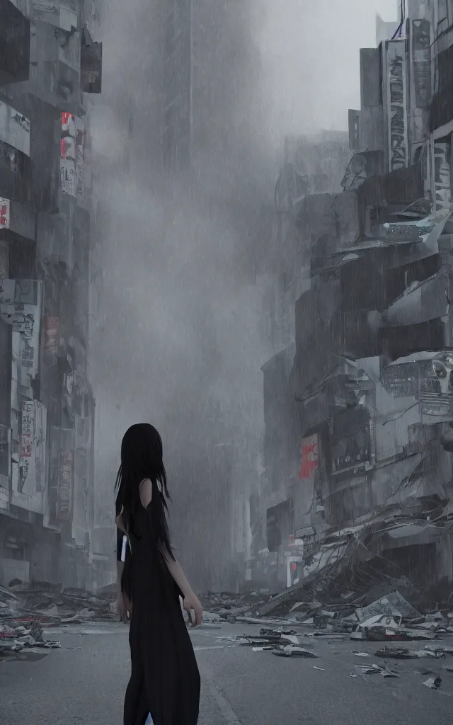 Image similar to dark hair girl dressed by rick owens walking through the remnants of destroyed shibuya, raining, cinematic lights, octane render, 4k, highly detailed, glows, smoke