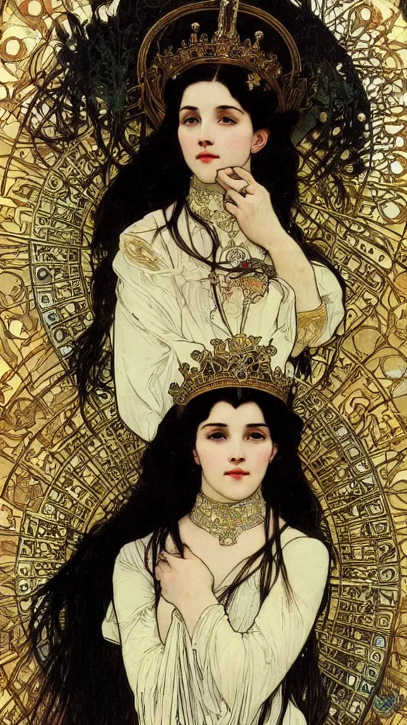 Image similar to portrait of a beautiful black haired woman with pale skin and a crown on her head sitted on an intricate metal throne, artwork by alphonse mucha