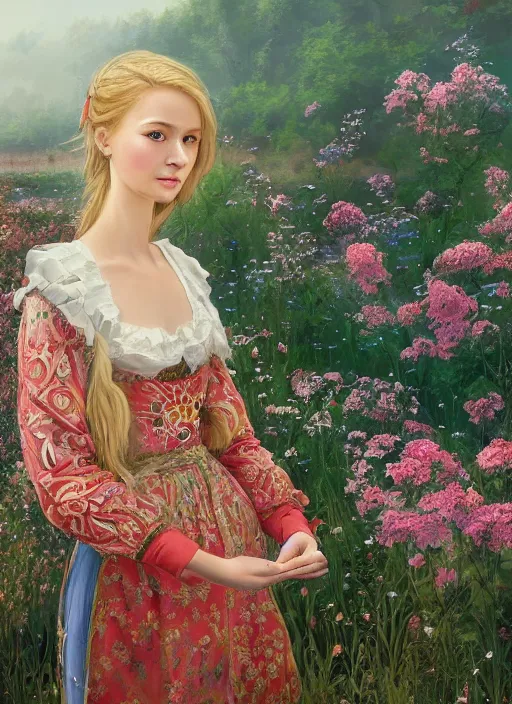 Image similar to a professional painting of an russian young blonde girl intricate, wearing russian folk clothes, in the morning light, at the beautiful river, surrounded by flowers, elegant, digital painting, concept art, smooth, sharp focus, finely detailed illustration, beautifully framed, from Metal Gear, in the style of Artgerm and Greg Rutkowski and William-Adolphe Bouguerea