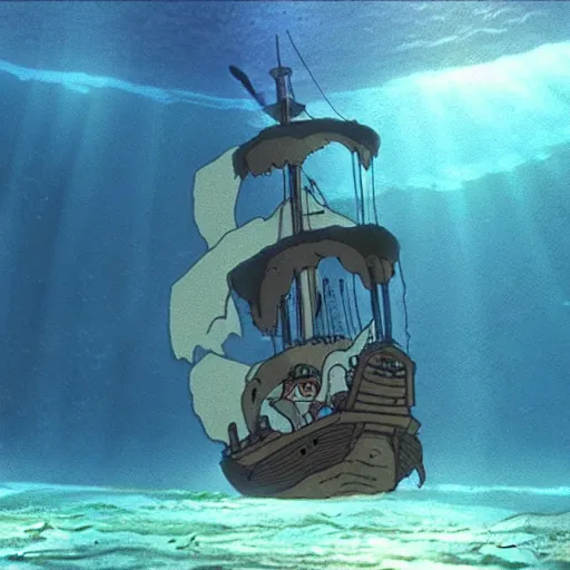 Image similar to ghosts pirate ship underwater by studio ghibli, movie still, below water