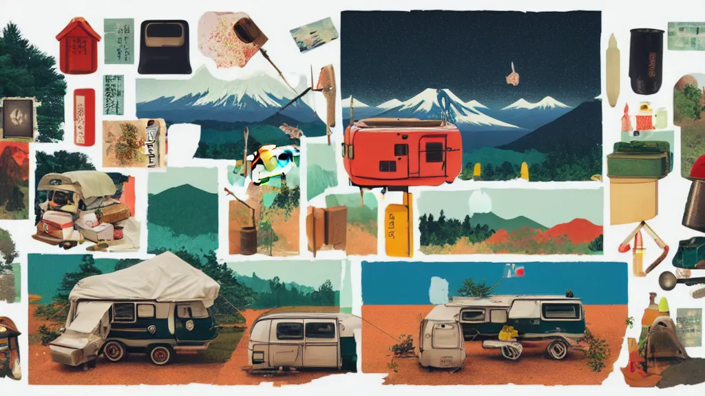 Prompt: an arrangement of camping traveller props, japan, a collage painting, in the style of wes anderson, lola dupre, david hockney, isolated on negative white space background dark monochrome neon spraypaint accents volumetric octane render