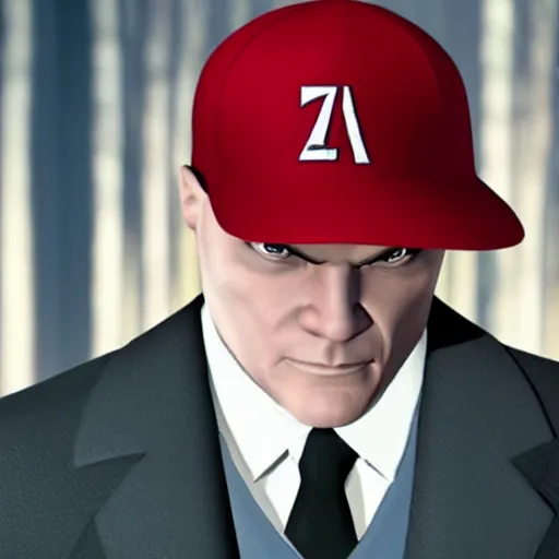 Image similar to agent 4 7 wearing a red baseball cap