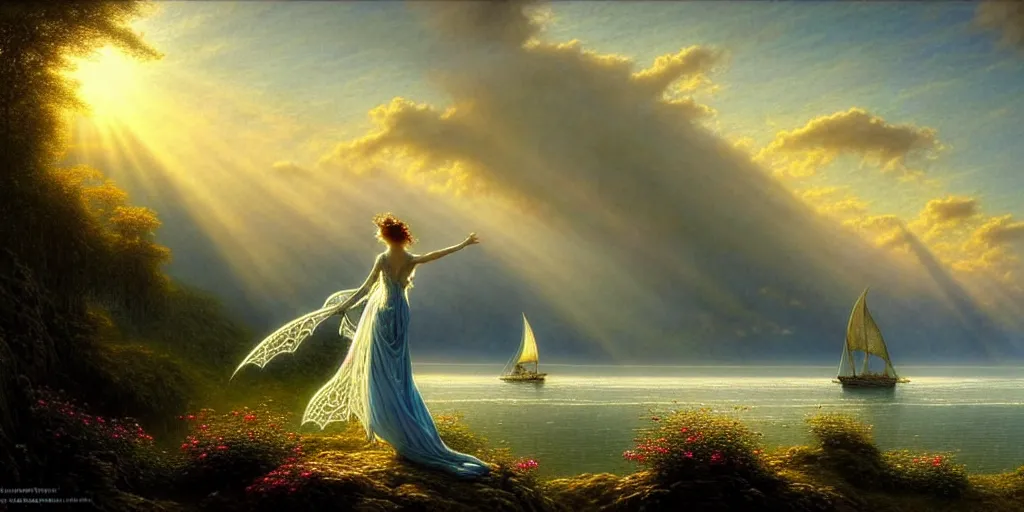 Image similar to an elegant fairy queen in a blue lace dress dancing looking out at a lord of the rings scenery landscape, staring across the sea at a white sail boat, sunrise, god's rays highly detailed, vivid colour, soft clouds, floral sunset, cinematic lighting, perfect composition, gustave dore, derek zabrocki, greg rutkowski, belsinski