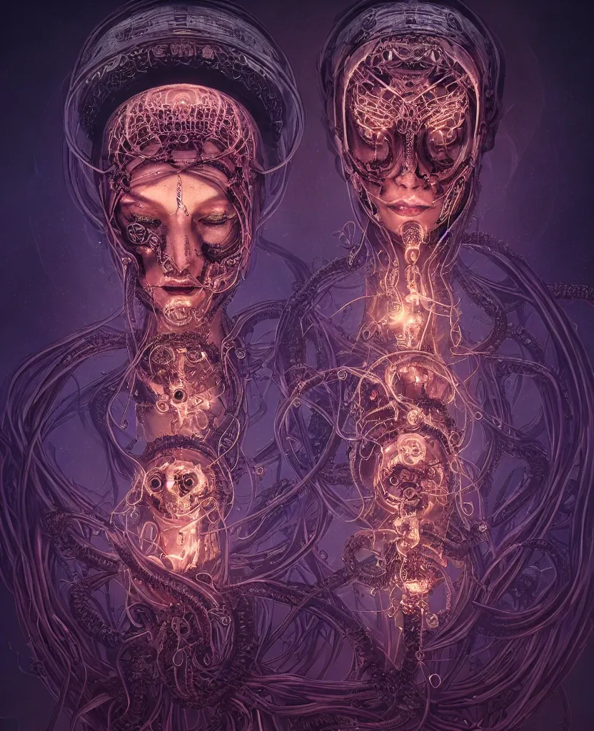 Prompt: queen of death. intricate portrait, occult cyberpunk, ancient futuristic, dark art, occult. intricate biomechanical, bioluminescent halo around head, mandala ornament, cybernetic glowing jellyfish, tentacles, by Petros Afshar, by artgerm, by Eddie Mendoza, by Peter mohrbacher by tooth wu, unreal engine, octane render, cinematic light, high details, iridescent colors