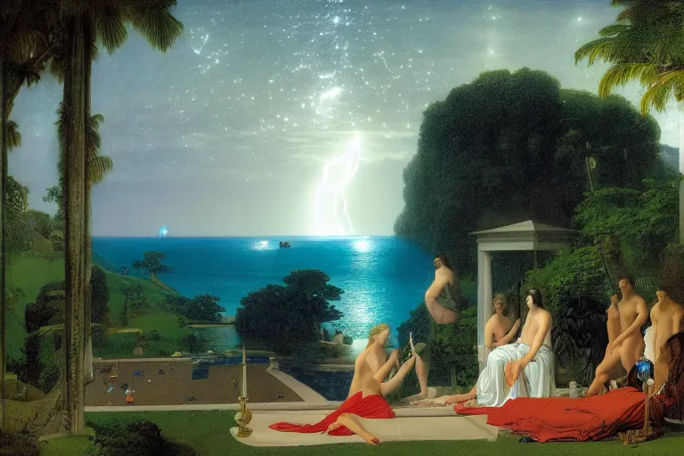 Prompt: The gazebo chalice, refracted moon sparkles, thunderstorm, greek pool, beach and Tropical vegetation on the background major arcana sky and occult symbols, by paul delaroche, hyperrealistic 4k uhd, award-winning, very detailed paradise