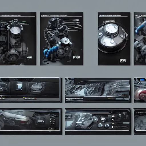 Image similar to car engine, car parts concept, card, comic page, system shock, ui card, Octane render