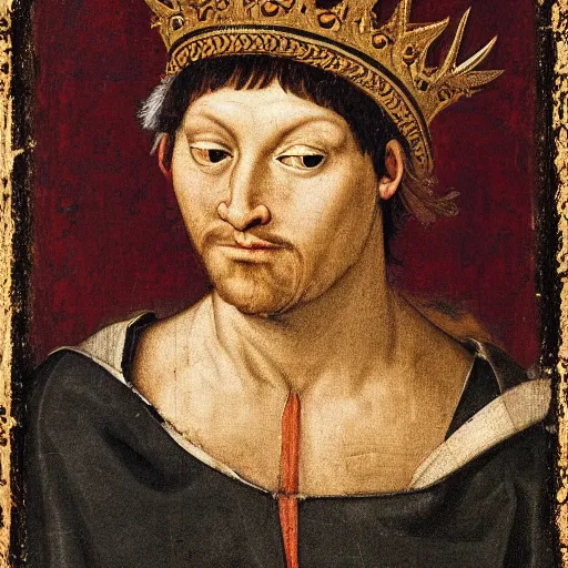 Image similar to a renaissance style portrait of a wild boar (Sus scrofa) wearing a crown and a cape, dark background