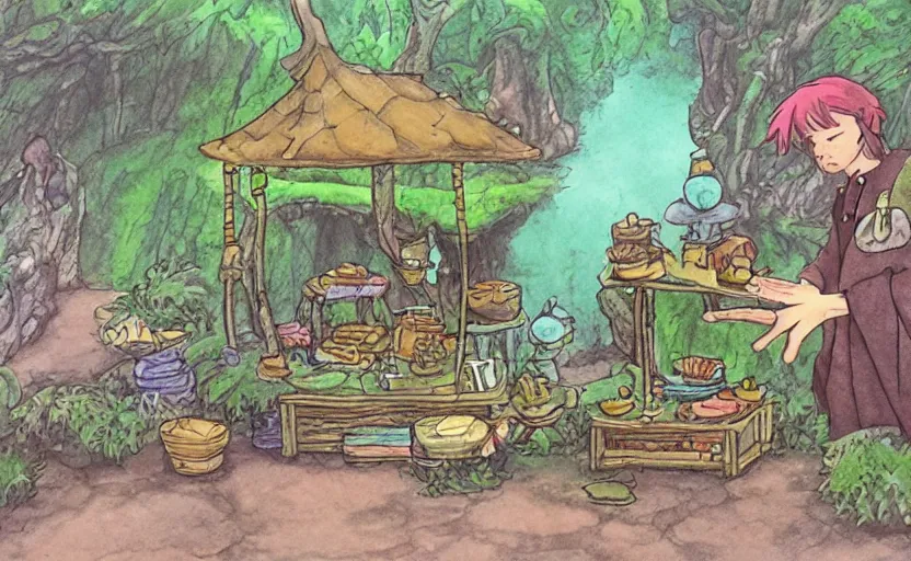 Prompt: wizard frog selling magical wares on a stand by a pond, ghibli style