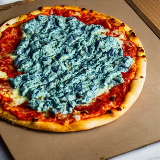 Image similar to a pizza with blue sauce and green cheese