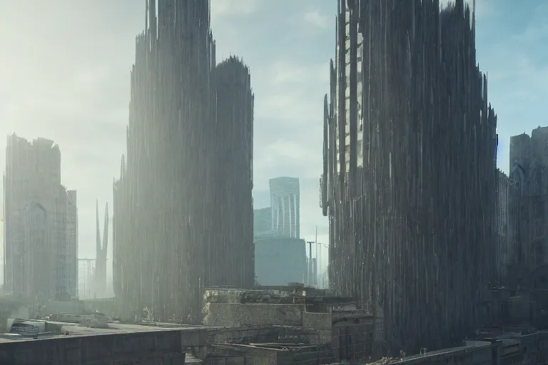 Image similar to streetscape, a towering cathedral of brutalist architecture, buildings covered with greebles, stunning volumetric light, sunset, metal, concrete and translucent material, stunning skies, majestic landscape, trending on Artstation, 8k, photorealistic, hyper detailed, unreal engine 5, IMAX quality, cinematic, epic lighting, in the style of Greg Rutkowski