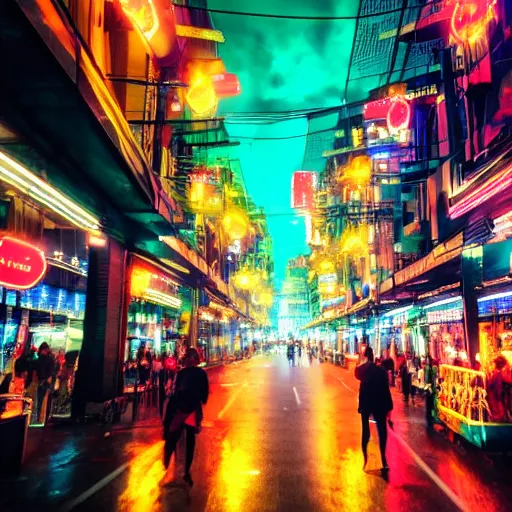 Image similar to futuristic asia night street with neons by giorgio vasari, renaissance art, the animatrix, atmospheric, cinematic composition, 8 k
