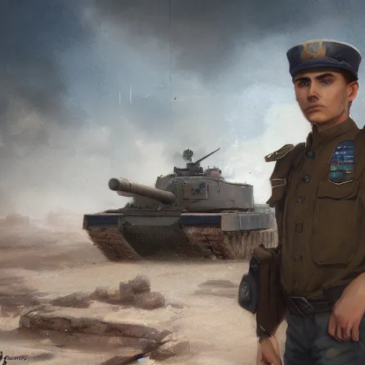 Prompt: Young man with blue eyes and brown hair, wearing a military uniform, standing next to a tank, by Greg Rutkowski, matte painting, trending on artstation