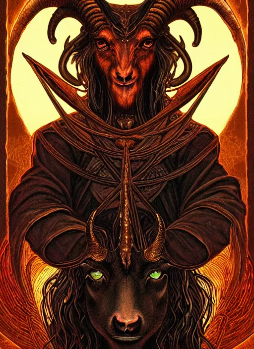 Image similar to elden ring themed orthodox baphomet goat icon tarot card portrait, piercing gaze, byzantine aesthetic, doom, religious, sinister, ornate, intricate, beautifully backlit, subtle tones, digital painting, concept art, smooth, sharp focus, illustration, art by josan gonzalez, greg rutkowski, killian eng and zdizslaw beksinski