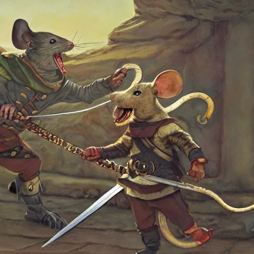 Image similar to martin the mouse warrior battling Asmodeus the serpent by James Gurney. Redwall.