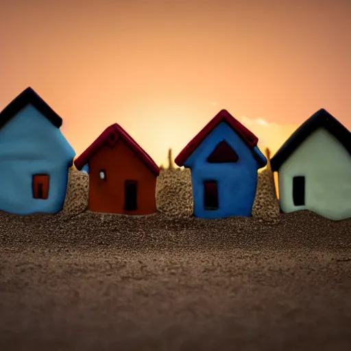 Image similar to houses made of clay, vaponpunk, sunset, 8k, soft light, ray tracing, wet ground