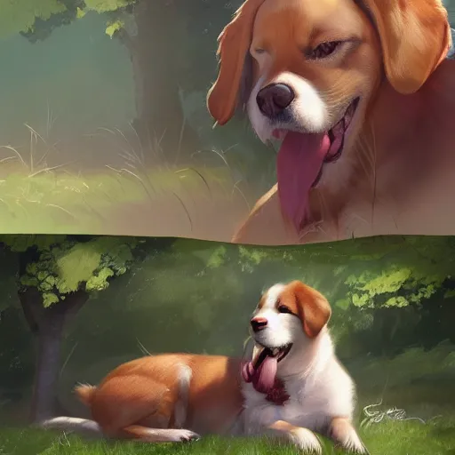 Image similar to A playful and fun-loving dog who loves nothing more than a good game of fetch or a belly rub. Despite their cheerful nature, they can't help but feel a little sad sometimes when they think about how their previous family abandoned them+happy+warm+artstation+smooth+detailed+rossdraws and greg rutkowski