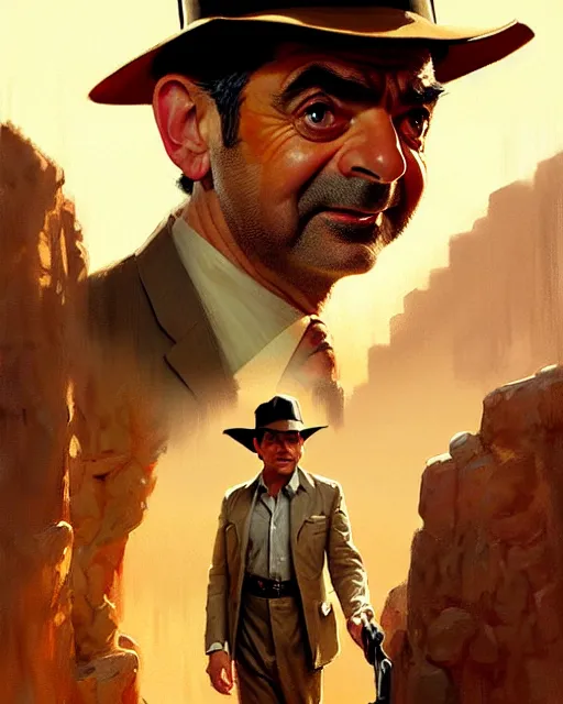 Prompt: rowan atkinson as indiana jones, suave looking, fine details, realistic shaded lighting poster by greg rutkowski, magali villeneuve, artgerm, jeremy lipkin and michael garmash and rob rey