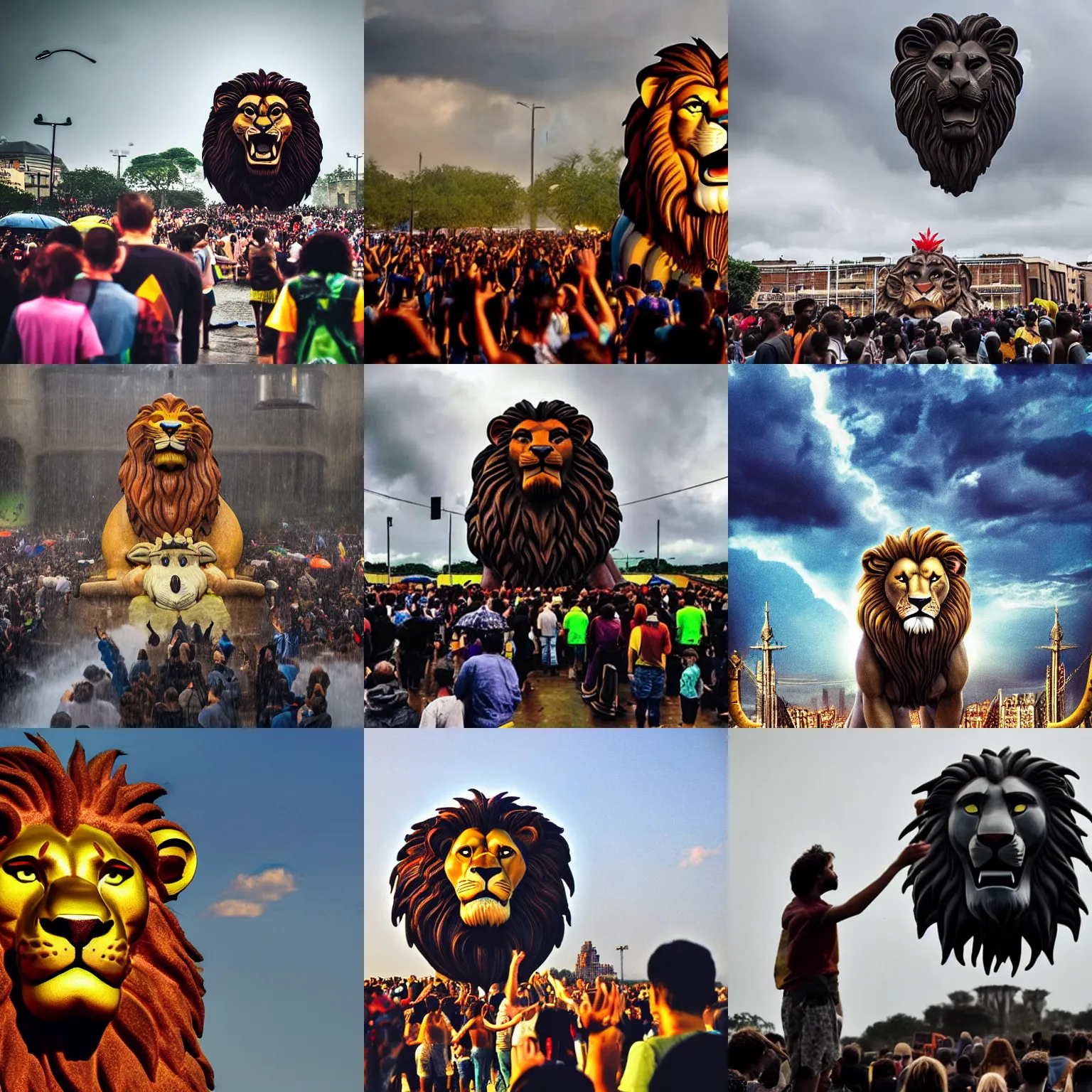 Image similar to people standing in the toxic rain worship the giant cartoon lion head of king mufasa fly from the epic magical skies, king mufasa fly in sky