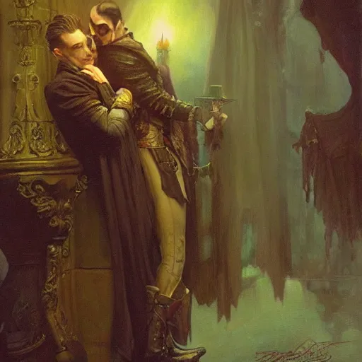 Image similar to attractive male, arthur pendragon confesses his love to attractive male dracula the vampire. highly detailed painting by gaston bussiere, craig mullins, j. c. leyendecker 8 k