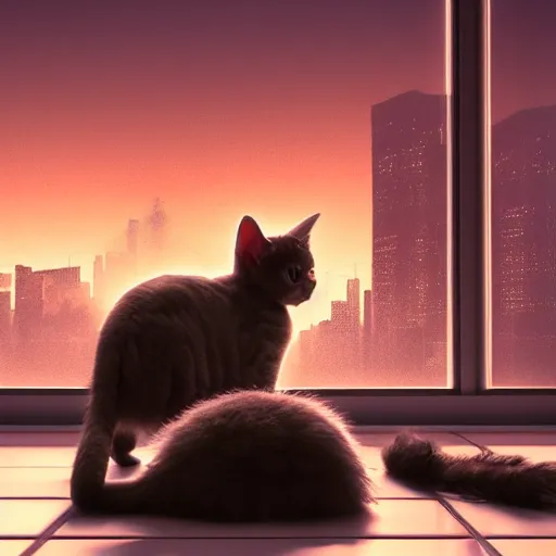 Image similar to Big european shorthair cat and small fluffy kitten, napes, in the apartment room looking to window in a cyberpunk city, soft god rays from city lights outside the window, unreal engine 5, soft neon atmosphere, photorealistic, soothing colors, somber melancholic matte painting, hyperrealism, hyperrealistic, cinematic masterpiece, cyberpunk style 8k ultrahd octane render