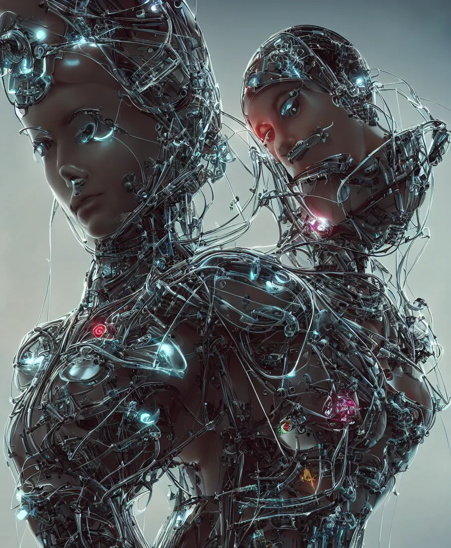 Prompt: a beautiful photoshoot of butterfly part, with epic bionic cyborg implants, wires, tubes, biomechanical details, liquid, prismatic highlights, symmetrical, depth of field, cinematic, macro, concept art, 5 0 mm, artstation, digital painting, elegant, focus, octane render, ray tracing, by h. r. giger