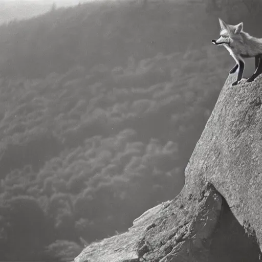 Prompt: anthro fox falling off cliff, far shot, 1930s film