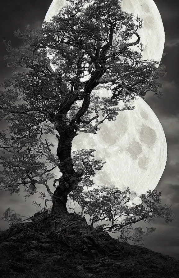 Prompt: book cover art, tree in front of the full big moon, dramatic lighting, cinematic, realistic establishing shot, extremely high detail, photo-realistic, cinematic lighting, digital restoration, very sharp, high quality, high details, ISO 50, realistic intricate line drawings, by Yoshitaka Amano, Ruan Jia, Kentaro Miura, Artgerm, post processed, realistic concept art, artstation, realistic matte painting, style by eddie mendoza, raphael lacoste, alex ross